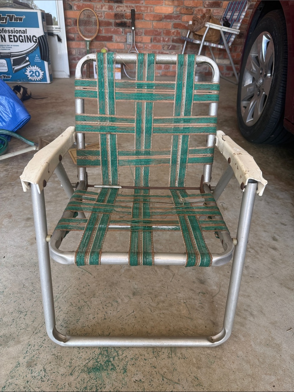 Vintage Outdoor Children’s Folding Lawn Chair - Green Webbing. Needs some TLC